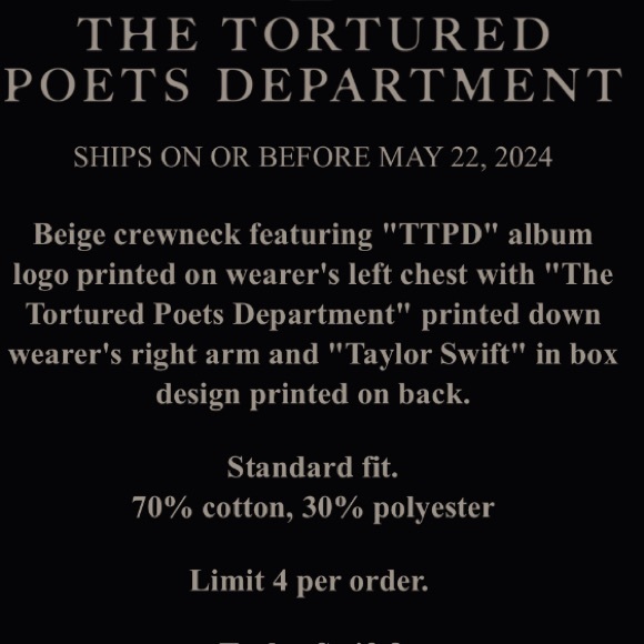 BRAND NEW Taylor Swift The Tortured Poets Department Beige Crewneck TTPD - Picture 8 of 13